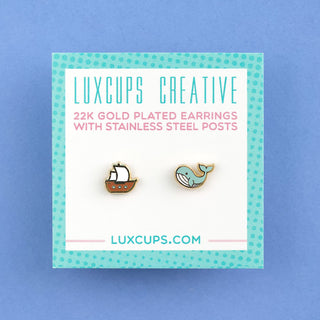 LuxCups Creative Stud Earrings Ship + Whale Earrings